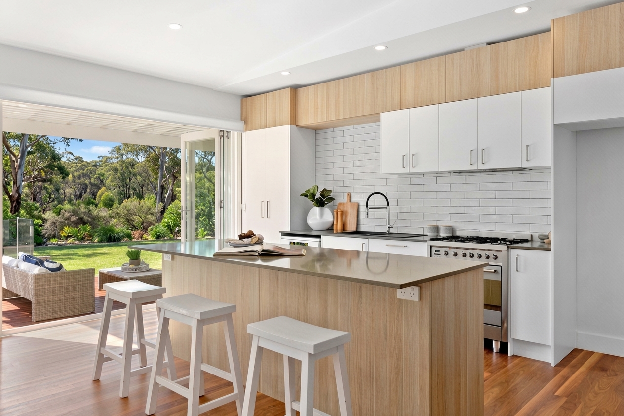 Light-filled kitchen and entertaining space in a home presented for sale by Parnell Partners